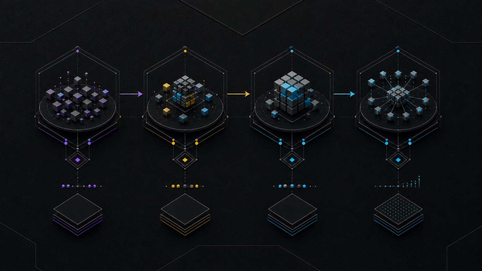 Roadmap de transformación en cuatro fases conectadas por dependencias y métricas